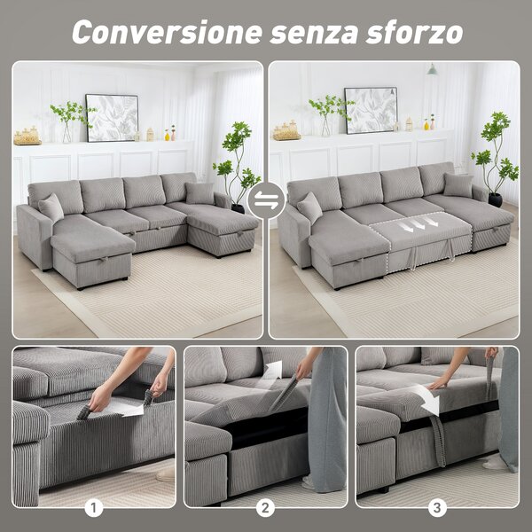 HOMCOM Divano Letto Moderno a U con 2 Chaise Longue e Vani Contenitore, Velluto a Coste, 282x140x86 cm, Grigio | Aosom Italy