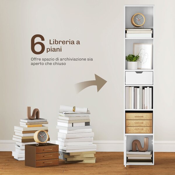 HOMCOM Scaffale Libreria a 4 Ripiani Aperti con Armadietto e Cassetto, 30x24x158 cm, in Legno Bianco | Aosom Italy