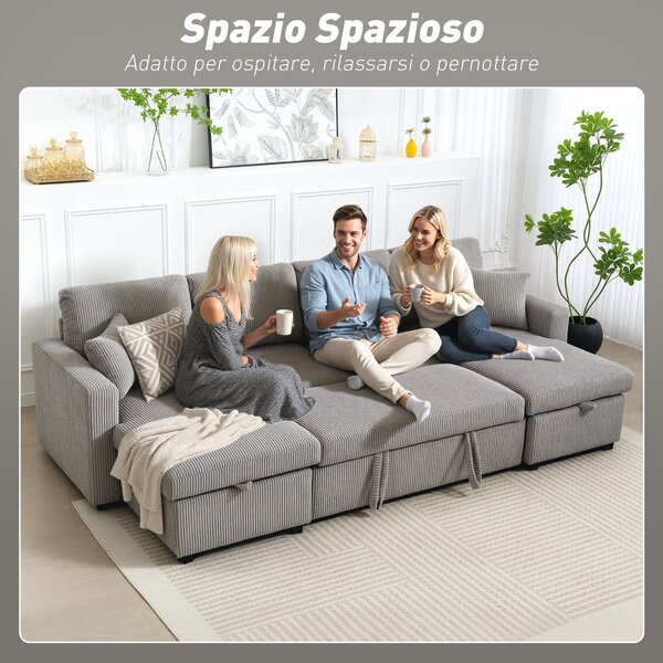 HOMCOM Divano Letto Moderno a U con 2 Chaise Longue e Vani Contenitore, Velluto a Coste, 282x140x86 cm, Grigio | Aosom Italy