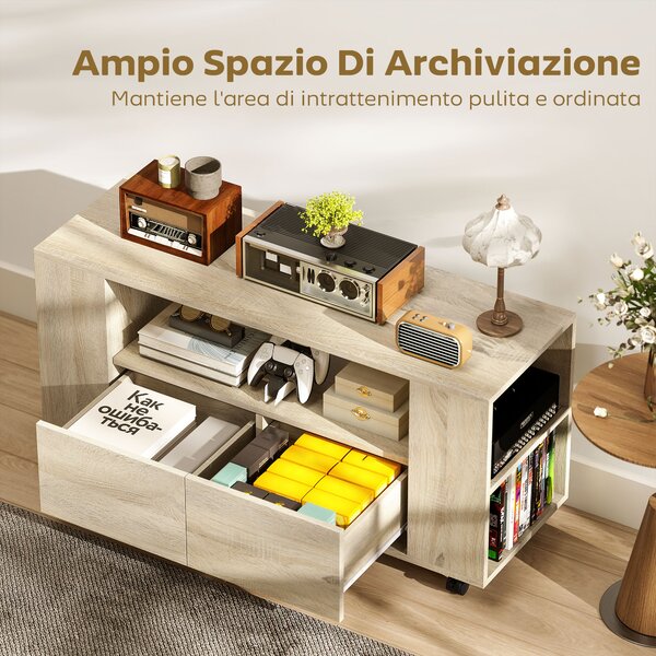 HOMCOM Mobile Porta TV da 42" con Ruote Girevoli e Freno, Ripiani Regolabili e Cassetti, 102x34.5x48.5 cm, Legno | Aosom Italy