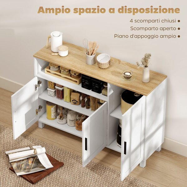 HOMCOM Credenza Cucina con Ante Ammortizzate, 2 Armadietti e Vano Aperto in Legno, 110x33x75 cm, Bianco | Aosom Italy