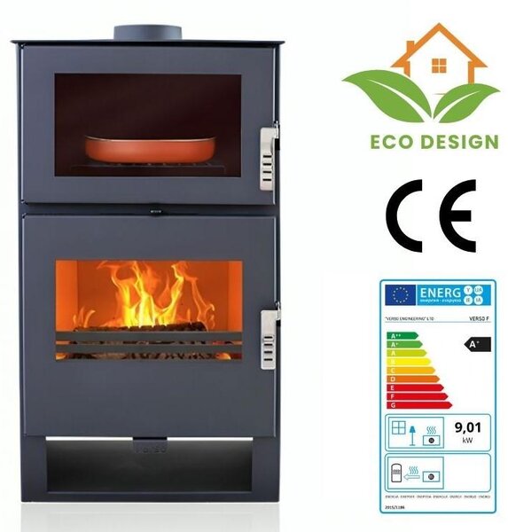 Stufa moderna modello F, efficienza energetica A+ 81,20%, 9 kW, 530 x 420 x 1000 mm