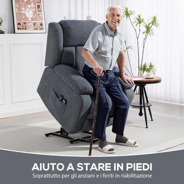 HOMCOM Poltrona Elettrica Alzapersona Reclinabile 135° in Tessuto Effetto Lino con Poggiapiedi, Grigio Scuro | Aosom Italy