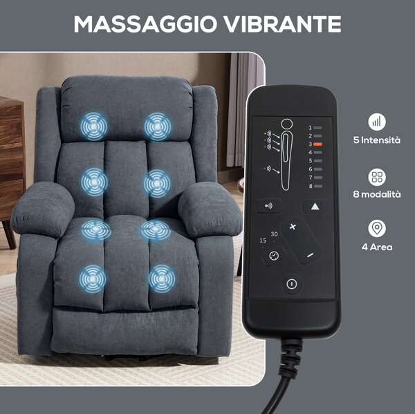 HOMCOM Poltrona Elettrica Alzapersona Reclinabile 135° in Tessuto Effetto Lino con Poggiapiedi, Grigio Scuro | Aosom Italy