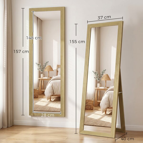 HOMCOM Specchio Verticale da Parete o da Terra con Cornice in MDF, 37x40x155 cm, Quercia e Trasparente | Aosom Italy