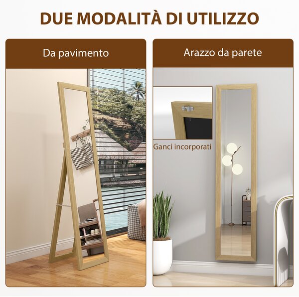 HOMCOM Specchio Verticale da Parete o da Terra con Cornice in MDF, 37x40x155 cm, Quercia e Trasparente | Aosom Italy