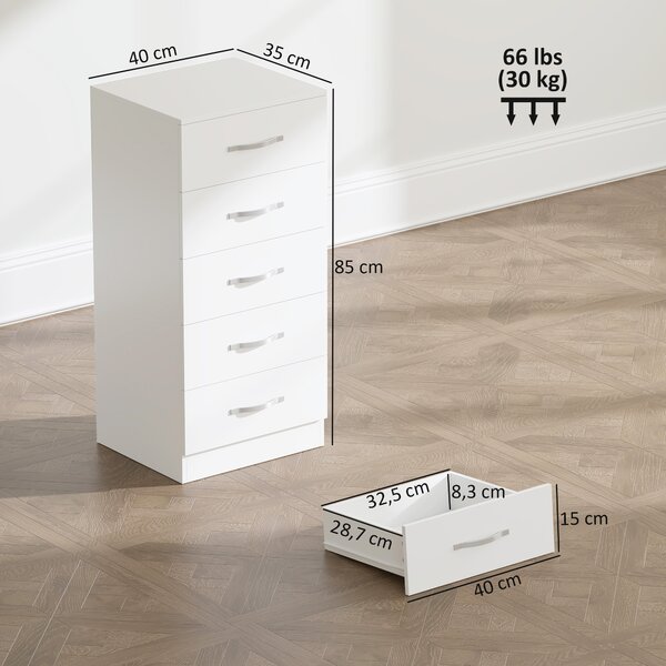 HOMCOM Cassettiera 5 Cassetti dallo Stile Moderno, in Truciolato, 40x35x85 cm, Bianco | Aosom Italy