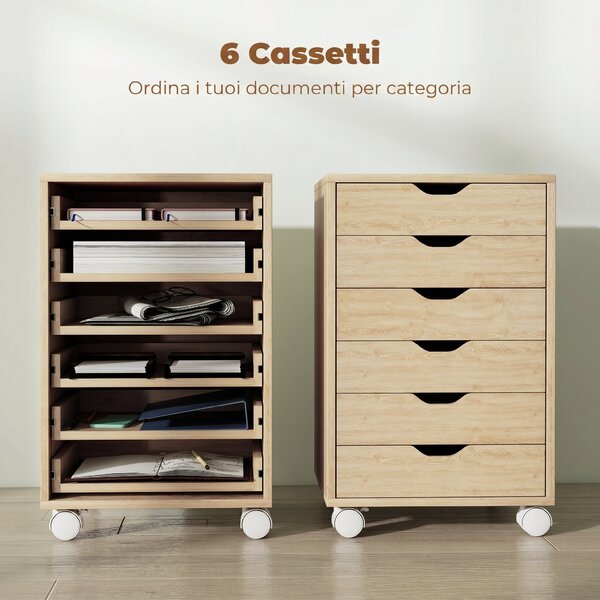 HOMCOM Cassettiera da Ufficio a 6 Cassetti con 4 Ruote e Blocco, 40x35x63 cm, Rovere | Aosom Italy