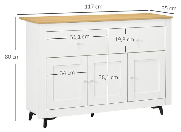 HOMCOM Credenza Buffet in Legno con 2 Cassetti e 2 Armadietti, 117x35x80 cm, Bianco e color Legno | Aosom Italy