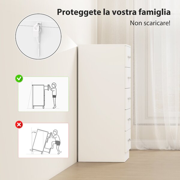 HOMCOM Cassettiera 5 Cassetti dallo Stile Moderno, in Truciolato, 40x35x85 cm, Bianco | Aosom Italy