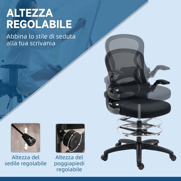 Vinsetto Sedia da Ufficio con Supporto Lombare, Altezza Regolabile e Braccioli Ribaltabili, 59x65x102-122 cm, Nero | Aosom Italy