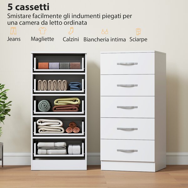 HOMCOM Cassettiera 5 Cassetti dallo Stile Moderno, in Truciolato, 40x35x85 cm, Bianco | Aosom Italy
