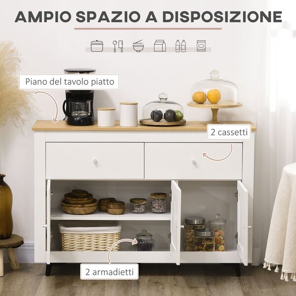 HOMCOM Credenza Buffet in Legno con 2 Cassetti e 2 Armadietti, 117x35x80 cm, Bianco e color Legno | Aosom Italy