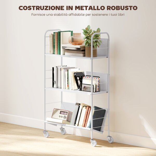 HOMCOM Carrello Portalibri Moderno a 3 Livelli con Ruote Girevoli per Libri e Riviste, 69x26x108 cm, Bianco | Aosom Italy