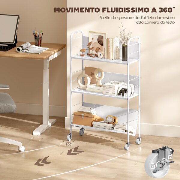 HOMCOM Carrello Portalibri Moderno a 3 Livelli con Ruote Girevoli per Libri e Riviste, 69x26x108 cm, Bianco | Aosom Italy