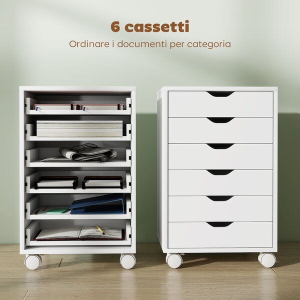 HOMCOM Cassettiera da Ufficio a 6 Cassetti con 4 Ruote e Blocco, Mobile Moderno in legno truciolare, 40x35x63 cm, Bianco | Aosom Italy