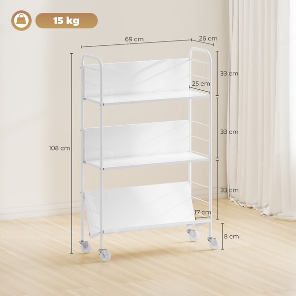 HOMCOM Carrello Portalibri Moderno a 3 Livelli con Ruote Girevoli per Libri e Riviste, 69x26x108 cm, Bianco | Aosom Italy