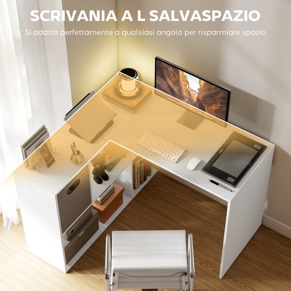 HOMCOM Scrivania Angolare Moderna con Scaffale e Cassetto in Tessuto, 110x100x75 cm, Bianco | Aosom Italy