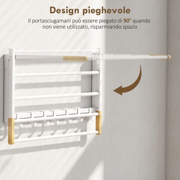 HOMCOM Portasciugamani a Parete Pieghevole con 5 Barre e 6 Ganci in Legno e Acciaio, 60x32.5x20 cm, Bianco | Aosom Italy