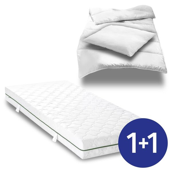 Materasso a molle insacchettate a 7 zone Sleezzz Smart 90 x 200 cm, altezza 21 cm, grado di rigidità H2/H3 + set da letto in microfibra CloudComfort Basic 135 x 200 cm + 80 x 80 cm
