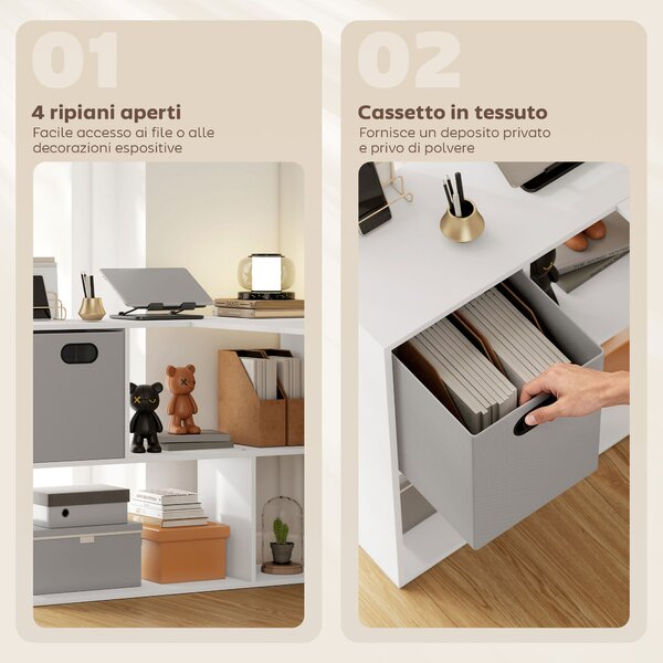 HOMCOM Scrivania Angolare Moderna con Scaffale e Cassetto in Tessuto, 110x100x75 cm, Bianco | Aosom Italy