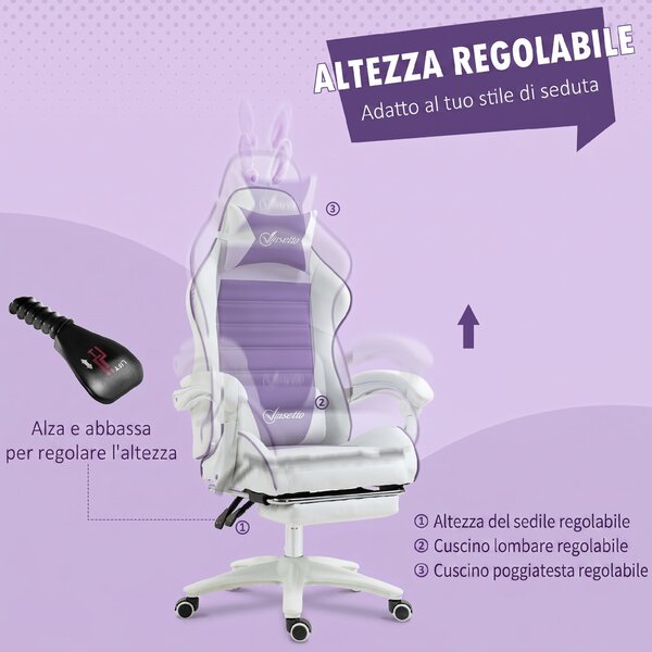 Vinsetto Sedia Gaming con Orecchie da Coniglio, Poggiapiedi, Cuscini, Reclinabile e Altezza Regolabile, Viola | Aosom Italy
