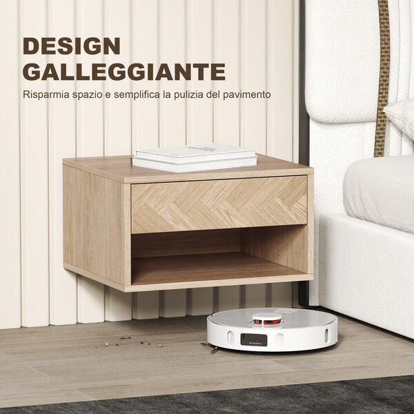 HOMCOM Set di 2 Comodini Sospesi Moderni con Cassetto e Vano Aperto, 37x32x21 cm, Legno Naturale | Aosom Italy
