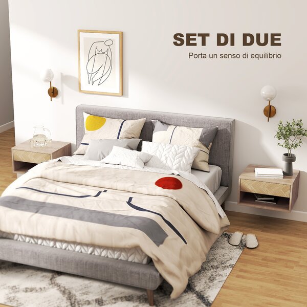 HOMCOM Set di 2 Comodini Sospesi Moderni con Cassetto e Vano Aperto, 37x32x21 cm, Legno Naturale | Aosom Italy