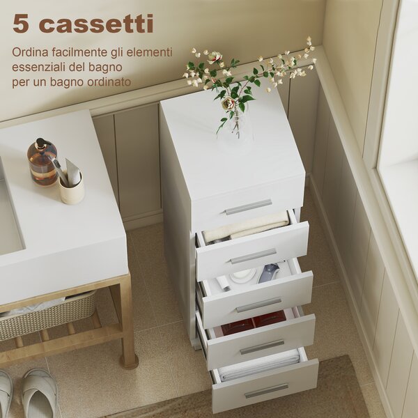 HOMCOM Cassettiera a 5 Cassetti per Camera da Letto e Soggiorno in Legno FSC, 30x30x95 cm, Bianco | Aosom Italy