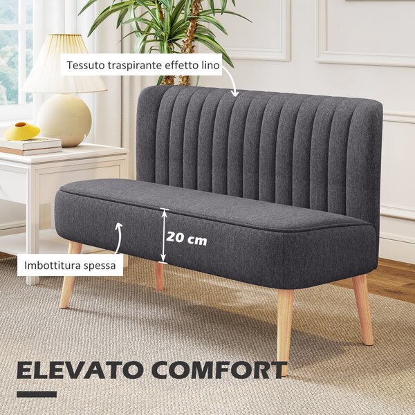 HOMCOM Divano 2 Posti in Tessuto Effetto Lino Senza Braccioli con Gambe in Legno, 117x56.5x77 cm, Grigio Scuro | Aosom Italy