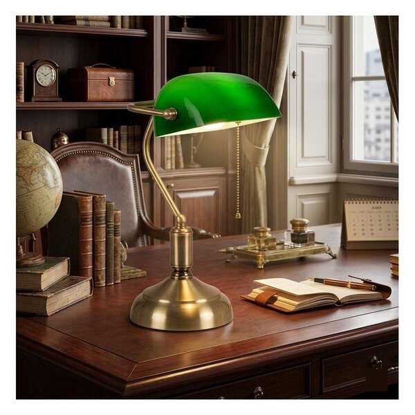MINISTERIALE LAMPADA DA TAVOLO IN METALLO BRUNITO CON DIFFUSORE IN VETRO ORIENTABILE VERDE O BIANCO