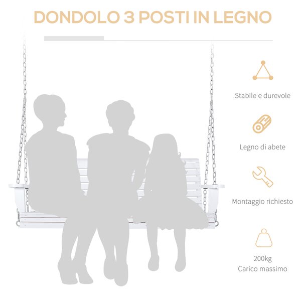 Outsunny Dondolo 3 Posti da Esterno con Tavolino Centrale e Portabicchieri, in Legno e Metallo, 150x75x53 cm, Bianco | Aosom Italy