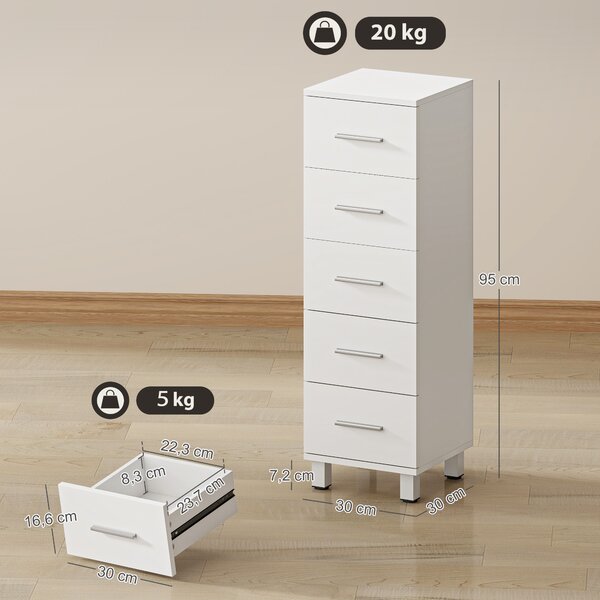 HOMCOM Cassettiera a 5 Cassetti per Camera da Letto e Soggiorno in Legno FSC, 30x30x95 cm, Bianco | Aosom Italy