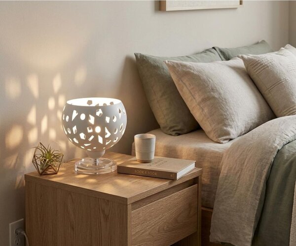 GEO LUMETTO D16 CM METALLO BIANCO O SABBIA TRAFORATO CON LAMPADINA ATTACCO E14 DESIGN MODERNO