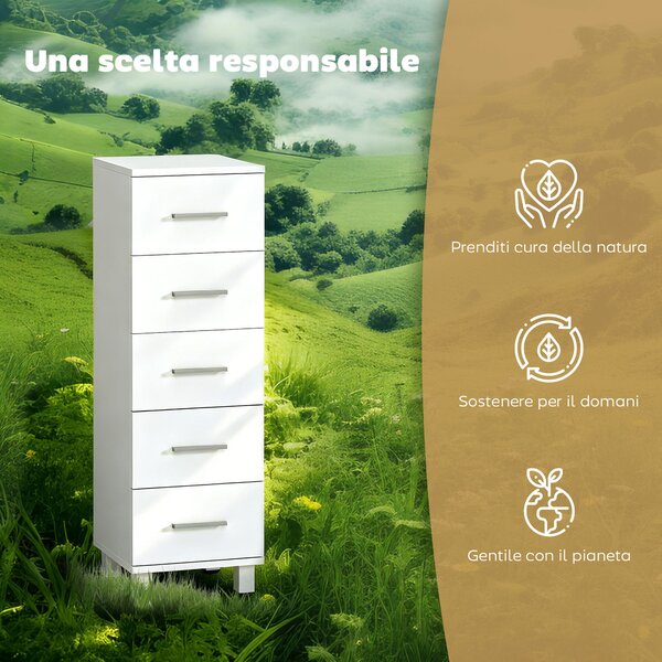 HOMCOM Cassettiera a 5 Cassetti per Camera da Letto e Soggiorno in Legno FSC, 30x30x95 cm, Bianco | Aosom Italy