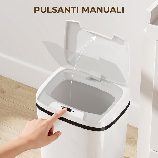HOMCOM Pattumiera con Sensore a Infrarossi da 15L con 2 Modalità di Apertura, Superficie Anti-impronte, Bagno, Bianco | Aosom Italy