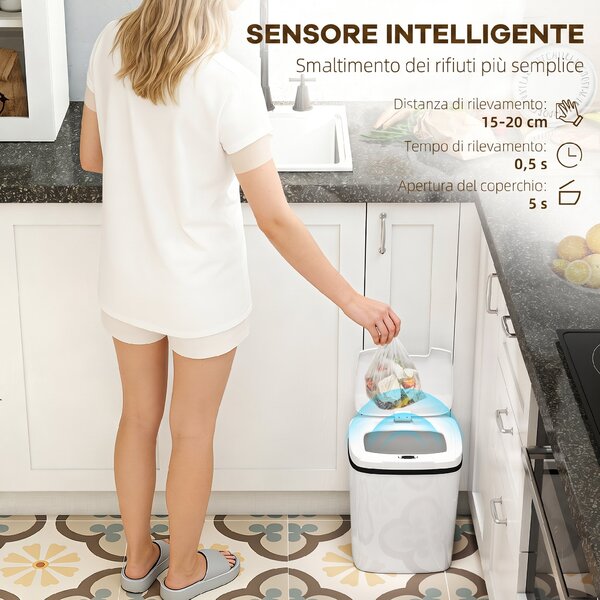 HOMCOM Pattumiera con Sensore a Infrarossi da 15L con 2 Modalità di Apertura, Superficie Anti-impronte, Bagno, Bianco | Aosom Italy
