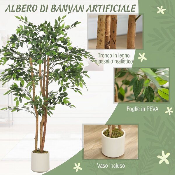 HOMCOM Pianta Artificiale di Baniano in PEVA e Legno con Rami Orientabili e Vaso Contenitore Bianco in PP e Cemento | Aosom Italy