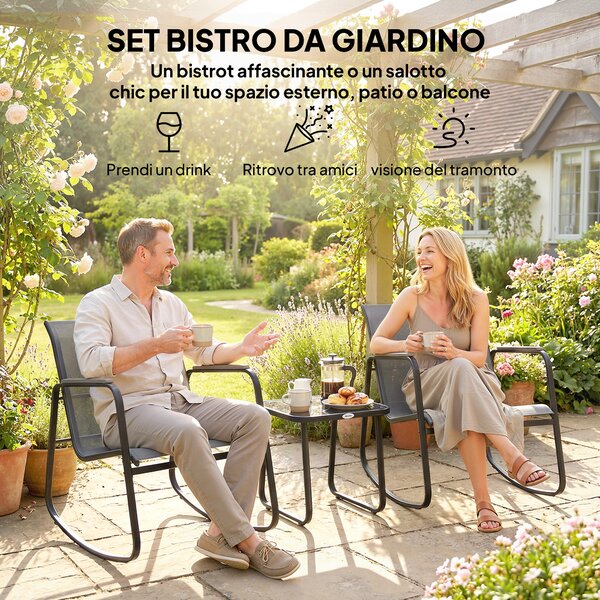 Outsunny Set da Esterno 3pz in Acciaio con 2 Sedie a Dondolo Traspiranti e Tavolino con Piano in Vetro, Grigio e Nero | Aosom Italy