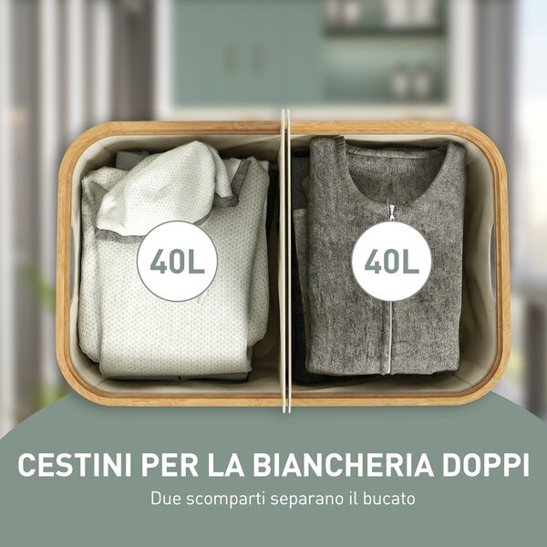 HOMCOM Cesto Portabiancheria da 80L a 2 Sezioni con Coperchio, in Tessuto non Tessuto e Bambù, 54x34x58.5 cm, Beige | Aosom Italy