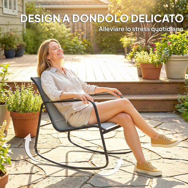 Outsunny Set da Esterno 3pz in Acciaio con 2 Sedie a Dondolo Traspiranti e Tavolino con Piano in Vetro, Grigio e Nero | Aosom Italy