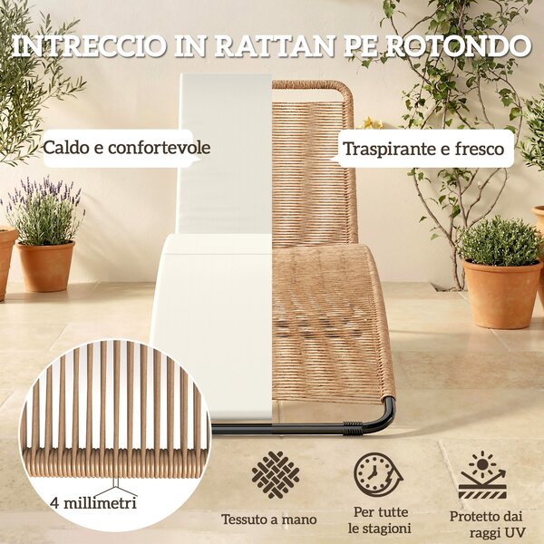 Outsunny Lettino Prendisole in Rattan Forma S con Cuscino, Lettino da Giardino con Struttura in Acciaio, per Patio Spiaggia Piscina Giardino, 175x57x80cm, Crema | Aosom Italy
