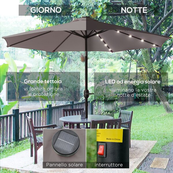 Outsunny Ombrellone da Giardino Inclinabile Ø265 cm con 32 Luci LED Solari e Manovella, Ombrellone da Esterno a 8 Stecche, in Acciaio, Poliestere, per Patio Cortile Balcone Terrazza, Grigio | Aosom Italy
