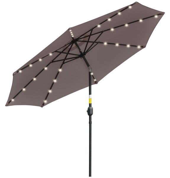 Outsunny Ombrellone da Giardino Inclinabile Ø265 cm con 32 Luci LED Solari e Manovella, Ombrellone da Esterno a 8 Stecche, in Acciaio, Poliestere, per Patio Cortile Balcone Terrazza, Grigio | Aosom Italy