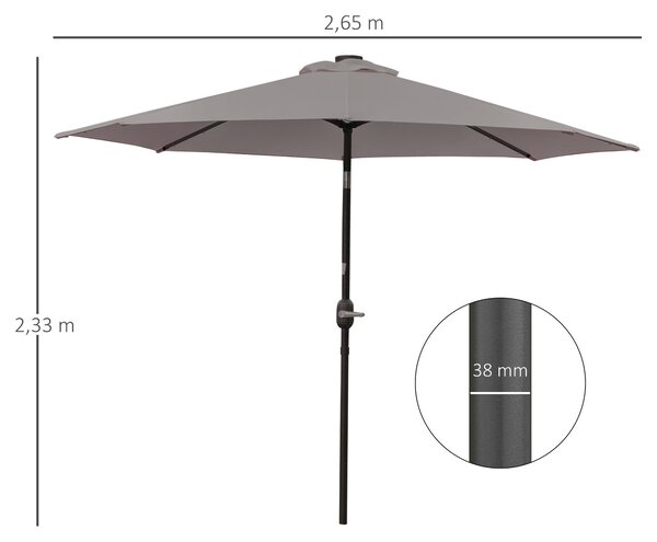 Outsunny Ombrellone da Giardino Inclinabile Ø265 cm con 32 Luci LED Solari e Manovella, Ombrellone da Esterno a 8 Stecche, in Acciaio, Poliestere, per Patio Cortile Balcone Terrazza, Grigio | Aosom Italy