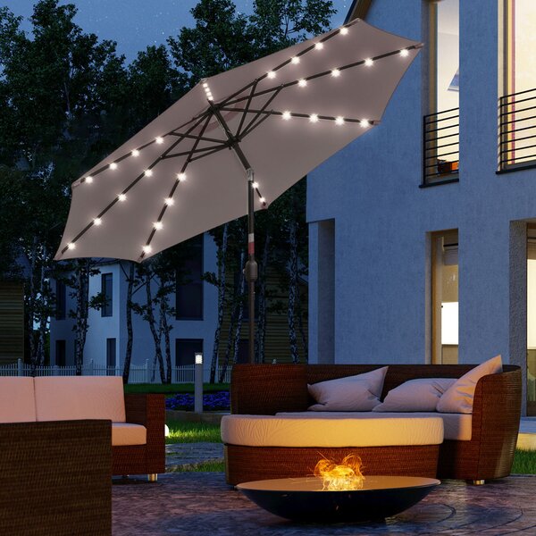 Outsunny Ombrellone da Giardino Inclinabile Ø265 cm con 32 Luci LED Solari e Manovella, Ombrellone da Esterno a 8 Stecche, in Acciaio, Poliestere, per Patio Cortile Balcone Terrazza, Grigio | Aosom Italy