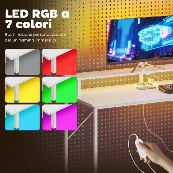HOMCOM Scrivania Gaming 147 cm, Tavolo per Computer con Supporto CPU Regolabile e Reversibile, Luci RGB, Prese di Alimentazione, Porte USB e USB-C, Supporto Monitor e 3 Cassetti in Tessuto, Bianco | Aosom Italy