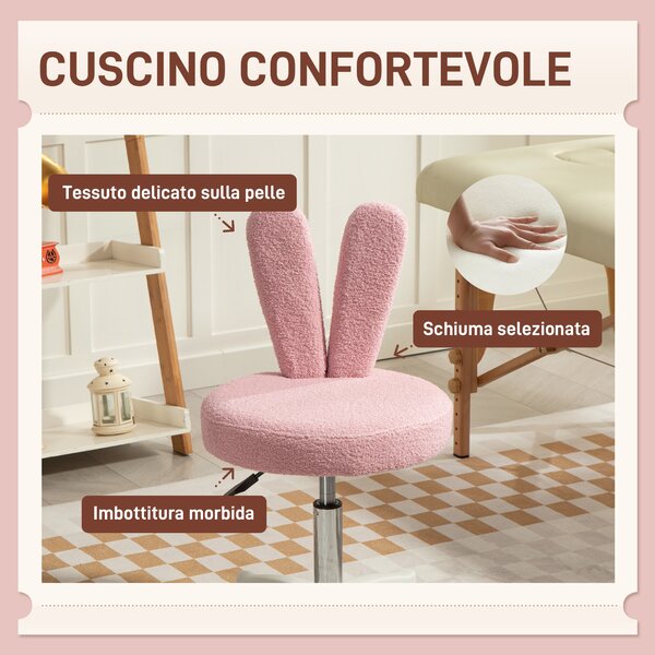 HOMCOM Sedia da Scrivania a Orecchie di Coniglio ad Altezza Regolabile e Rivestita in Pile Teddy Rosa, 53x53x70-84 cm | Aosom Italy