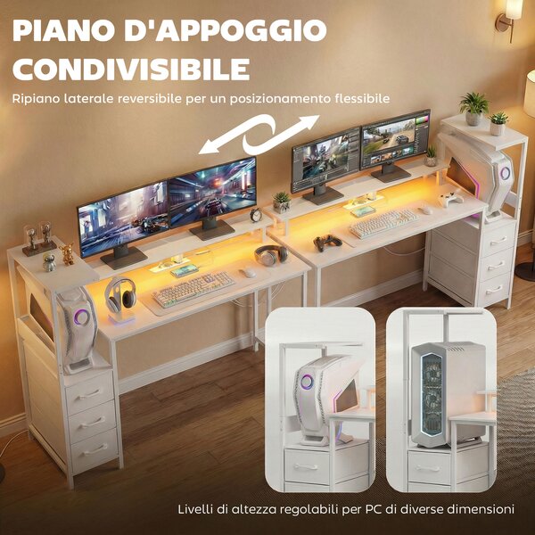 HOMCOM Scrivania Gaming 147 cm, Tavolo per Computer con Supporto CPU Regolabile e Reversibile, Luci RGB, Prese di Alimentazione, Porte USB e USB-C, Supporto Monitor e 3 Cassetti in Tessuto, Bianco | Aosom Italy
