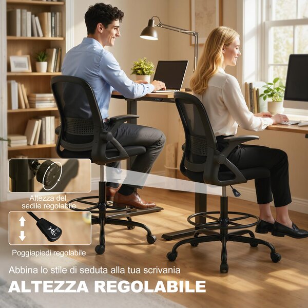 HOMCOM Sedia da Ufficio Ergonomica con Supporto Lombare e Poggiapiedi, in Poliestere e Acciaio, 58x63x105-126 cm, Nero | Aosom Italy